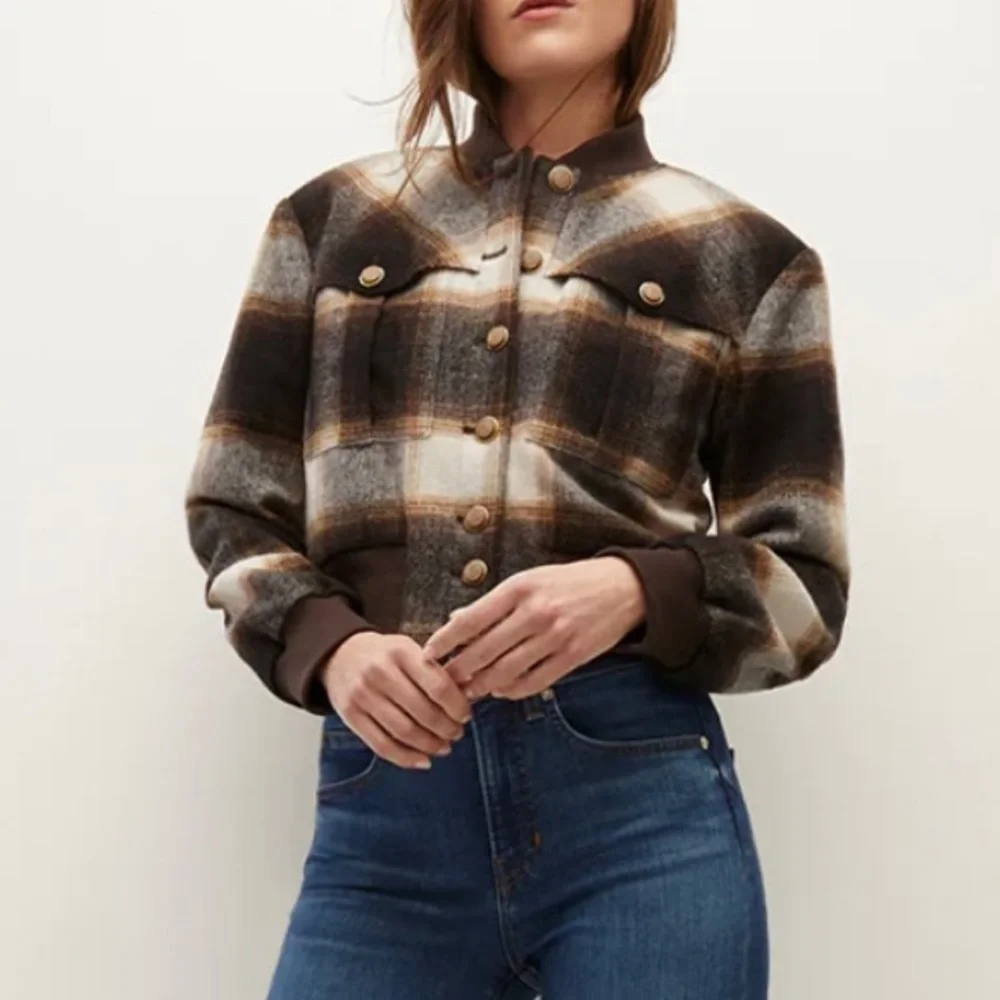 Veronica Beard Stanley Bomber Jacket in Multi Color Plaid Size 12 Elbow patches